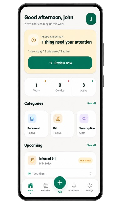 LifePilot reminders list screen